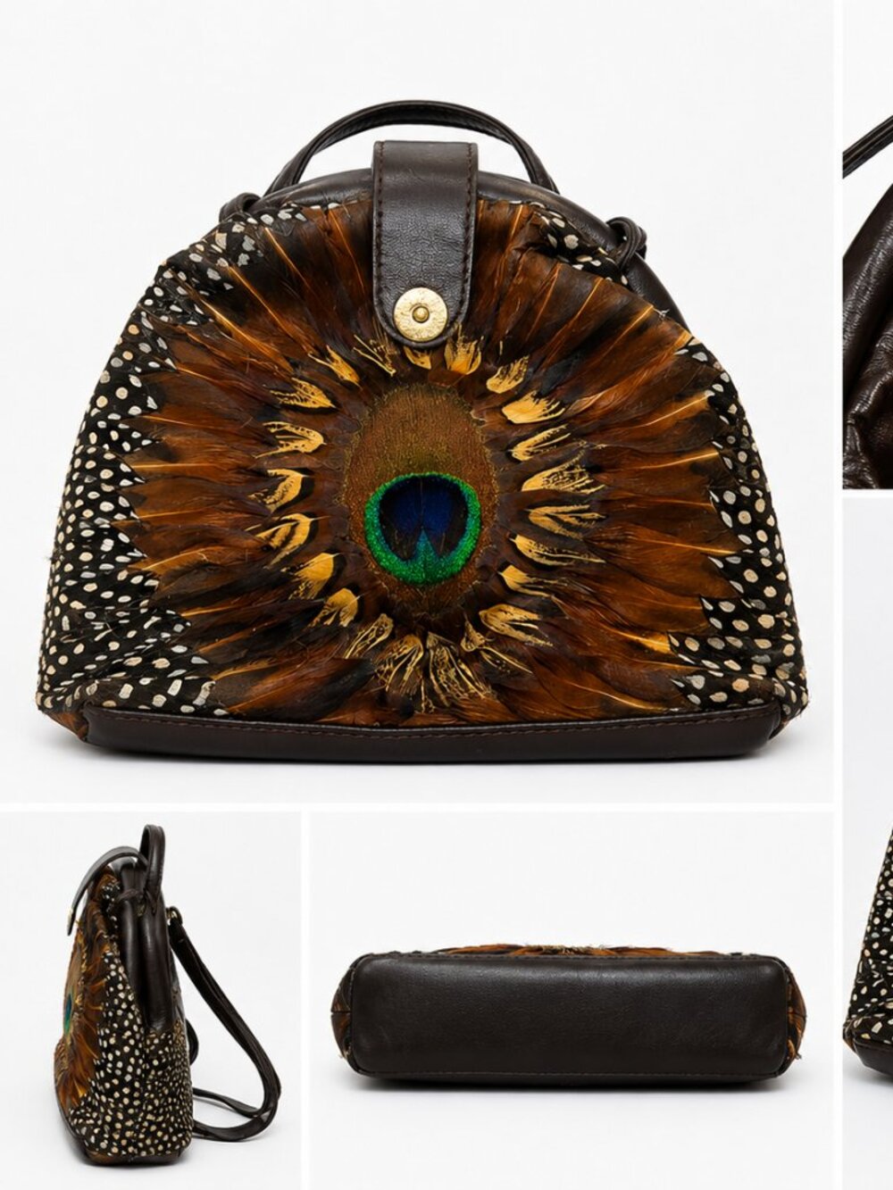 Comeco Brown Leather Peacock Feather Mini Handbag Statement Purse